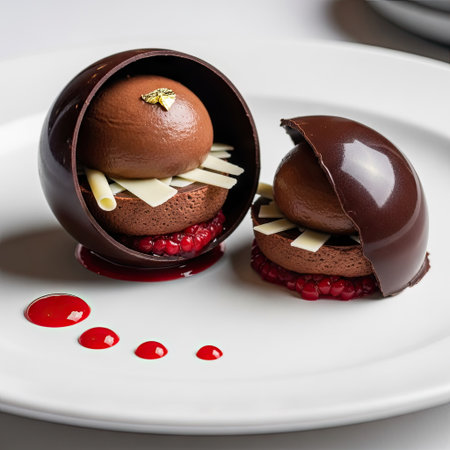 Two artfully crafted chocolate desserts are presented on a white plate. The desserts are characterized by glossy brown spheres, accompanied by creamy white elements and a vibrant red sauce. The composition showcases detailed textures and a shallow depth of field, ideal for various commercial and editorial applications.の素材