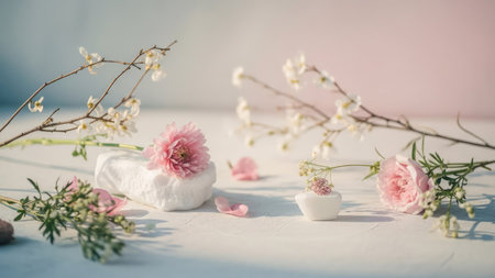 This image showcases a serene floral composition with vibrant pink flowers and delicate branches. The arrangement is set against a soft, gradient backdrop that enhances the overall gentle aesthetic. The composition uses soft lighting and a shallow depth of field, suitable for various uses, including editorial and commercial projects.の素材