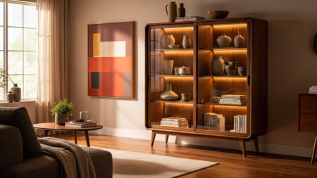 An interior showcases a stylish wooden display cabinet filled with decorative items and illuminated with warm lighting. The scene includes an abstract artwork, a sofa, a coffee table, and a window with curtains. The composition utilizes natural lighting, emphasizing the textures and forms, suitable for editorial and commercial applications.の素材