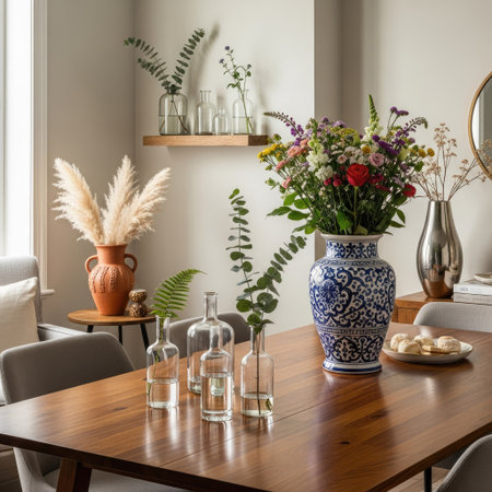 A vibrant bouquet of flowers sits in a decorated vase on a polished wooden table. Various glass bottles with plants and decorative elements, including an earthen vase, are positioned nearby. The scene is bathed in natural light, creating a bright and inviting atmosphere, potentially suitable for interior design or lifestyle content.の素材