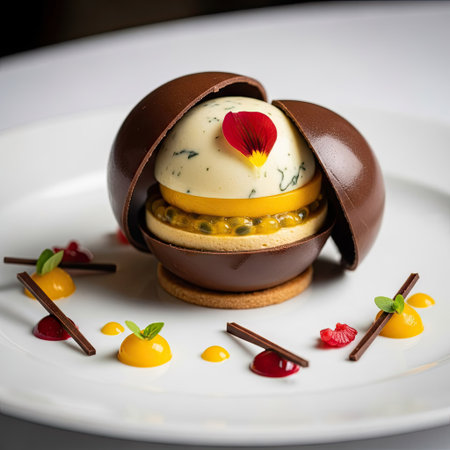 A visually appealing dessert features a chocolate shell revealing layers of cream, fruit, and sponge. The arrangement includes small decorative elements like red petals and chocolate sticks, set on a white plate. This image is suitable for culinary, food, and restaurant-related content.の素材