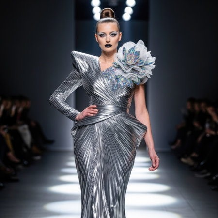 A female model is captured on a runway wearing a striking silver gown with intricate details. The dress features a textured metallic fabric and an asymmetric design. The setting suggests an indoor fashion show, enhanced by dramatic lighting and blurred silhouettes of spectators. This image could be used for fashion editorials, style blogs, or design presentations.の素材