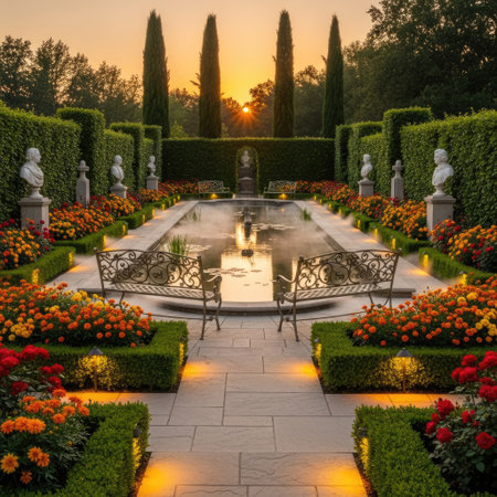An inviting garden scene presents a symmetrical arrangement featuring a central reflecting pool, framed by meticulously manicured flower beds. The composition is accented by sculptures and benches. Warm sunlight bathes the landscape, enhancing the rich colors. This image is suitable for various commercial purposes, including editorial content and design projects.の素材