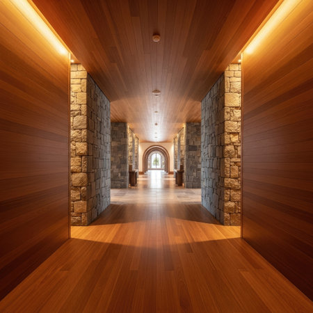An interior perspective reveals a long hallway featuring polished wood flooring and ceiling panels. The walls display stone columns and integrated lighting, producing a warm glow. The composition showcases symmetry and a sense of depth, with an arched doorway at the end. Suitable for architectural design and interior themes.の素材