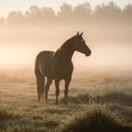 A graceful horse is silhouetted in a serene field, enveloped by a hazy, golden light. The image features a side view of the animal, highlighting its form against a backdrop of soft colors and textures. This visual offers potential for artistic, nature-themed, or lifestyle projects.の素材