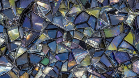 This image presents an abstract mosaic composed of fragmented glass pieces. The composition features a variety of shapes and sizes with cool color tones including blues, greens, and purples. The lighting appears diffused, highlighting the textures of the glass. Suitable for decorative projects and various commercial applications.の素材