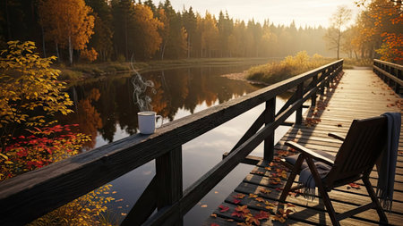 An autumn scene features a wooden bridge extending over tranquil water, with a steaming coffee cup and an empty chair. The composition showcases golden hues, soft sunlight, and a forest backdrop. Suitable for artistic prints, commercial projects, and various editorial applications, it evokes a sense of peace and relaxation.の素材