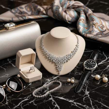 A collection of luxury jewelry, including a diamond necklace, bracelet, earrings, and a wristwatch, presented on a black marble surface. The arrangement incorporates a clutch, sunglasses, and a scarf. The lighting emphasizes the sparkle of the gems, suggesting high-end fashion or retail imagery suitable for various commercial applications.の素材