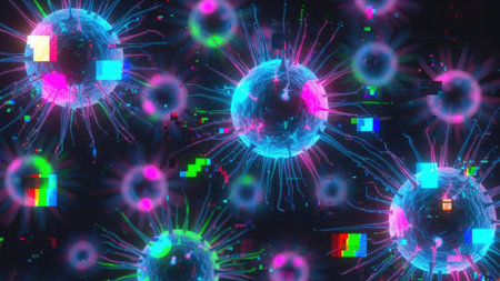 This image presents abstract digital spheres with a vibrant color palette, featuring bright blues, pinks, and greens. The composition showcases dynamic lines and glitch effects against a dark backdrop. Suitable for various design applications, it could be used in projects related to technology, science, or creative visual concepts.の素材