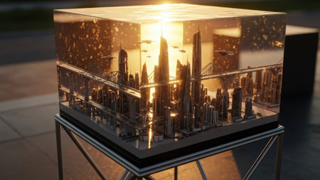 An artistic cube sculpture displaying a miniature cityscape is illuminated by a warm, golden light. The transparent structure reflects the surrounding environment, creating interplay of light and shadow. The composition suggests an outdoor setting, potentially for artistic display or commercial applications. The cube sits atop a modern stand.の素材