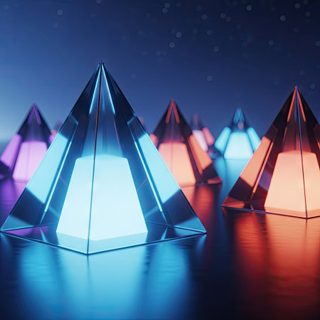 This image showcases several geometric pyramid shapes illuminated by vibrant neon colors. The composition highlights various colors such as blue, orange, and purple, creating a dynamic visual effect. The lighting suggests a digital or futuristic environment, suitable for various design projects and commercial applications.の素材