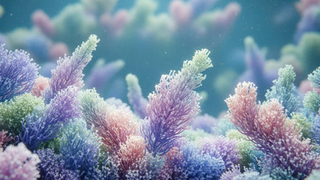 This image features a vibrant, abstract composition of textured forms in various pastel colors. The artwork showcases a soft, artistic style with a focus on color and texture, evoking a sense of depth and visual interest. It may be suitable for use in design projects, advertising, or as an artistic element.の素材