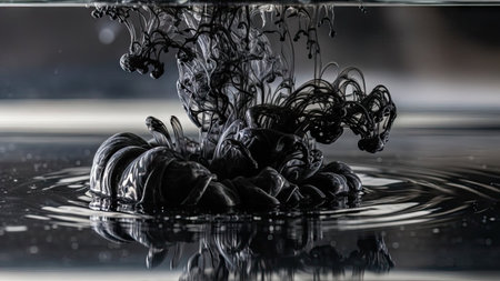 An artistic composition showcases black ink dissolving in water, forming intricate, swirling shapes. The image displays a macro perspective with high contrast, emphasizing the textures and fluidity. This image presents a dynamic visual for creative projects and editorial purposes. The shot uses studio lighting.の素材