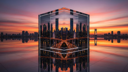 An artistic composition showcases a mirrored cube structure, reflecting a cityscape and a colorful sunset. The image displays a balanced composition of buildings and water under a sky of orange and purple hues. This creative visual can be used for diverse commercial and editorial purposes.の素材