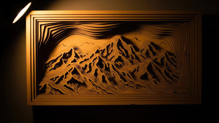 An artistic wooden relief sculpture depicts a mountain range within a rectangular frame. The piece features textured layers and warm hues, illuminated by focused lighting. This artwork, suitable for various uses, could enhance interior design projects or be utilized for conceptual visuals.の素材