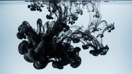 Black ink spreads and merges within a liquid, creating dynamic, abstract shapes. The composition features flowing lines and textures against a light background. This visual could be utilized in design projects or commercial artwork seeking an artistic, eye-catching element. It is suitable for various creative applications.の素材