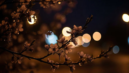 A close-up view depicts a blossoming branch with small flowers, illuminated against a backdrop of soft, blurred lights. The image showcases warm, natural colors, suggesting an evening or night setting. This image could be suitable for various commercial uses, including artistic designs or nature-themed illustrations.の素材