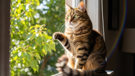 A domestic cat is perched on a windowsill, bathed in warm sunlight. Its fur displays brown and black stripes, with bright green eyes focused outside. The composition suggests a relaxed interior scene, likely during the daytime. Suitable for various commercial and editorial applications, showcasing domestic animals.の素材
