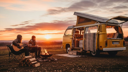 Two individuals sit by a campfire, enjoying music and the sunset with a van. The scene has warm colors, with a golden hour glow, the composition includes an open vehicle. This image is suitable for travel, leisure, and lifestyle content, with potential applications across multiple media.の素材