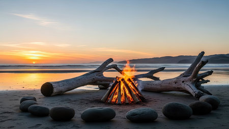 A campfire burns brightly on a sandy beach, framed by driftwood logs and rocks. The scene features warm colors, with an orange and yellow sunset illuminating the horizon. The composition suggests a serene outdoor environment. It may be suitable for illustrating leisure, travel, or environmental themes.の素材