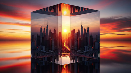 A modern cityscape is contained within a transparent cube. The scene includes buildings and a road. The sky is filled with sunset colors. The composition is reflective. The image could be used for various commercial or editorial purposes.の素材