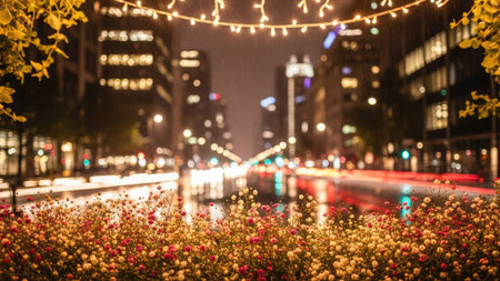 A nighttime cityscape features illuminated buildings and streetlights, creating a bokeh effect. The image showcases colorful lights reflecting off a wet surface. This visual could be used in various commercial projects, including website design or advertising materials.の素材