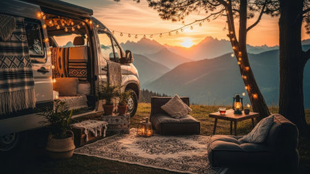 An outdoor camping scene showcases a recreational vehicle with open doors, revealing cozy interior elements. A small seating area is arranged, complete with cushions and blankets. The warm color palette and soft lighting suggest a relaxing environment, suitable for various editorial and commercial applications. The mountain range and sunset provide a scenic backdrop.の素材