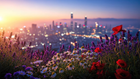 An aerial view presents a blurred cityscape with a focus on vibrant wildflowers. The foreground showcases a variety of flowers, while the background features building silhouettes. The scene is bathed in warm light, suggesting either sunrise or sunset. Suitable for illustrating travel, environment, and design themes.の素材