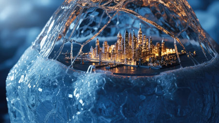 A miniature cityscape is encapsulated within a transparent, icy structure, showcasing tall buildings and bright lights. The composition presents a cool color palette with shades of blue and gold, suggesting a night scene. This conceptual image could be used for various commercial projects related to technology, architecture, or creative design.の素材