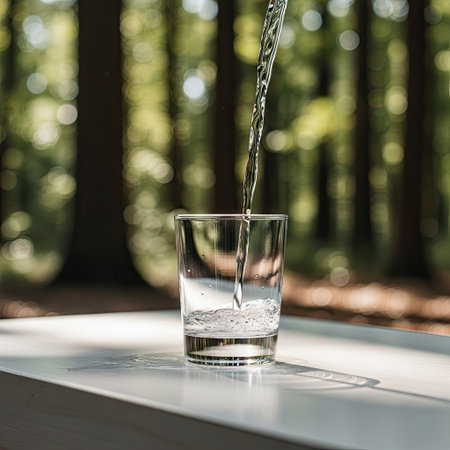A stream of water fills a clear glass in this image set against a blurred forest backdrop. The composition features strong natural lighting and emphasizes the clarity of the water and glass. This visual could be utilized for various commercial purposes, including health and wellness campaigns or environmental themes.の素材