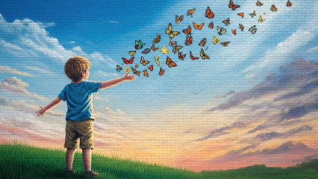 A young child stands outdoors, arms outstretched, seemingly interacting with a swarm of colorful butterflies. The image features a vibrant palette of blues, oranges, and greens, suggesting a warm, sunny day. Ideal for illustrations, advertising campaigns, or projects related to childhood, nature, or freedom.の素材