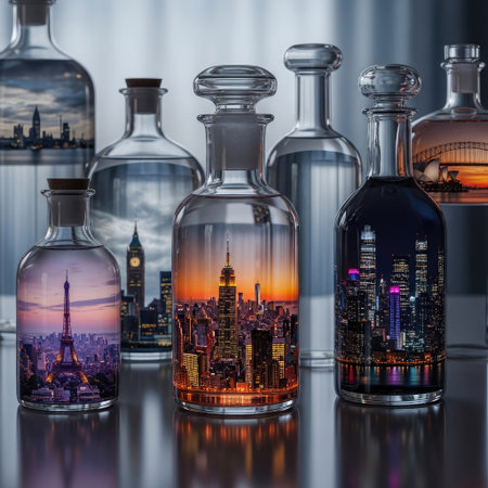 The image features multiple glass bottles showcasing cityscapes within them. The bottles vary in size and design, filled with what appears to be liquids with city scenes. The lighting suggests a sunset or sunrise, with warm and cool colors present. The composition could be useful for conceptual designs, advertising, or editorial content.の素材