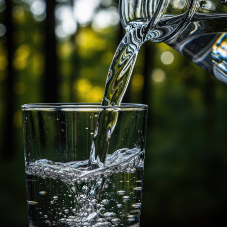 Close-up view depicts water being poured from a pitcher into a glass. The water appears transparent and pure. The composition employs overhead lighting and highlights the reflective properties of the liquid and glass. Suitable for illustrating themes of hydration, nature, or health.の素材