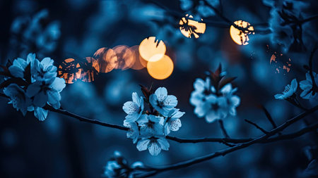 This image showcases delicate white flowers blossoming on a branch against a blurred, dark blue backdrop. The composition is enhanced by warm bokeh lights. The image conveys a sense of tranquility and could be used for various design projects, marketing materials, or editorial content.の素材