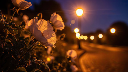 Illuminated white flowers are the focal point against a blurred background of a street at night. The image showcases warm lighting against cool blue and dark tones. Ideal for commercial applications, the image can be used for various projects needing a tranquil, nature-inspired visual.の素材
