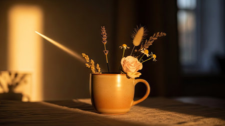 A ceramic mug holds a small arrangement of dried flowers, including roses and wheat. Warm lighting illuminates the scene, casting long shadows across a textured surface. The composition is simple, with focus on natural elements. This image may be suitable for editorial or commercial purposes.の素材