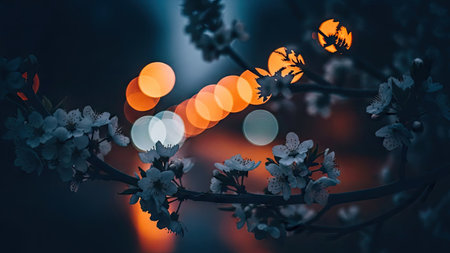 An image captures delicate white blossoms on a tree branch against a blurred background of warm, circular lights. The composition highlights soft textures and a cool, muted color palette. This style could be used for various projects, including advertising or editorial content, suggesting a serene atmosphere.の素材