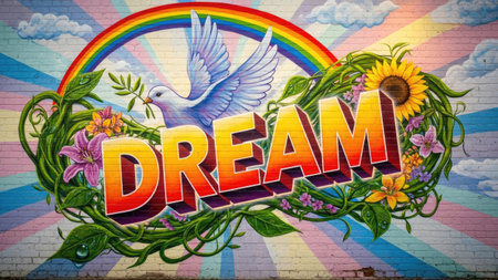 This vibrant artwork features the word "DREAM" in bold lettering, adorned with a rainbow, dove, and floral imagery. The composition utilizes a graffiti style with a mix of colors. This piece evokes a sense of hope and beauty. It may be suitable for a variety of editorial or commercial purposes.の素材