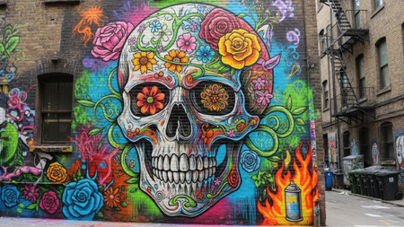 A vibrant graffiti artwork depicts a human skull adorned with flowers against a textured brick wall. The composition uses bright colors and detailed patterns. The artwork is illuminated by natural light. The visual could be suitable for various editorial and commercial applications.の素材