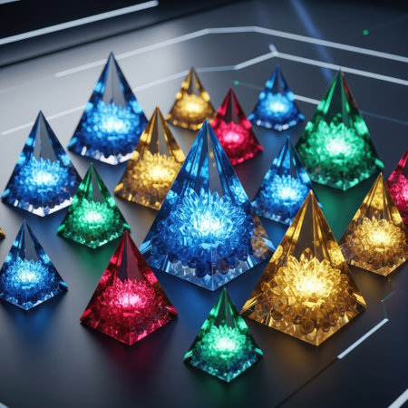 Numerous illuminated pyramid shapes are arranged on a dark surface, showcasing vibrant colors and internal lighting. The composition features a geometric style with dynamic lighting effects and reflective qualities. This image could be suitable for digital art, design projects, and visual concepts, offering versatility in commercial and editorial applications.の素材