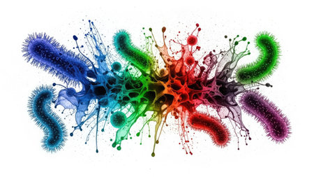 Diverse microscopic organisms are displayed in a vibrant array of colors against a clean white background. The composition features various abstract shapes and splash effects. This image is suitable for educational materials, scientific publications, and abstract design purposes. The visual style uses dynamic lighting and a crisp focus.の素材