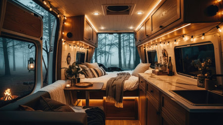 An inviting camper interior is seen with warm lighting and a glimpse of the outdoors. The scene features a bed, table, and wooden cabinets. The interior is illuminated by string lights. The image would suit travel, lifestyle, or design-related content.の素材