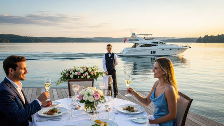 A couple enjoys a meal at an outdoor table near water, served by a waiter with a yacht visible in the background. The scene features warm lighting, suggesting sunset, and showcases a romantic ambiance with elegant tableware. It could be suitable for lifestyle advertising or editorial content about luxury experiences.の素材