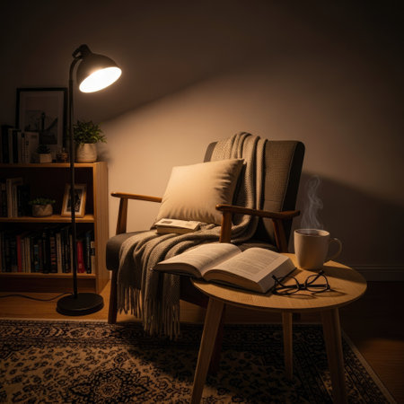An inviting interior scene features an open book, coffee, and eyeglasses on a small table next to a comfortable armchair. A floor lamp casts a warm glow, highlighting the soft textures of the blanket and cushions. The setting suggests relaxation and contemplation, perfect for editorial or commercial content.の素材