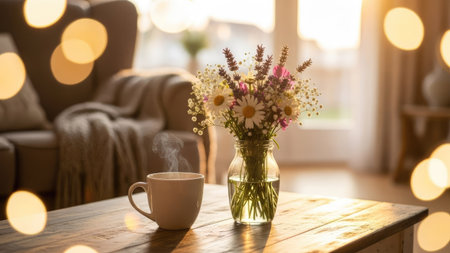 A warm, inviting interior scene features a coffee cup on a wooden table alongside a vase of flowers. Soft sunlight bathes the room, illuminating a cozy armchair. The composition highlights natural elements and creates a serene atmosphere. Suitable for use in lifestyle or home decor projects.の素材