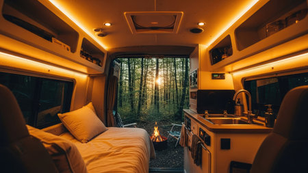 An interior shot showcases a recreational vehicle with inviting warm lighting. The scene highlights a comfortable bed, a small kitchen area, and a large window offering a scenic view of a forest bathed in the sunset glow. This image could be used for lifestyle, travel, or adventure-themed content.の素材