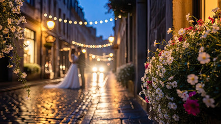 A couple embraces in a blurred alleyway setting, highlighted by warm light reflecting on wet cobblestones. The scene features blooming flowers and overhead string lights. The overall mood is romantic, perfect for various commercial projects seeking imagery of relationships or special events.の素材
