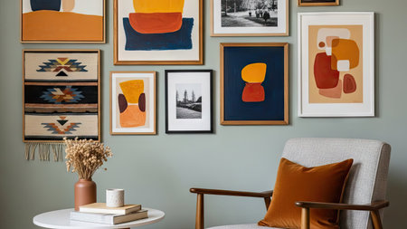 A wall showcases framed art prints of diverse sizes and styles, including abstract paintings and photographs. A modern chair with a decorative pillow sits in front of the wall, and a small table with a vase and books is nearby. The composition uses neutral tones and natural light, suitable for home decor and design projects.の素材