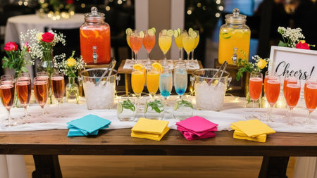 A table presents an array of colorful beverages, including cocktails and juices, arranged with decorative elements. Bright colors and reflections enhance the presentation. The image shows a possible setup for social gatherings. Potential uses include editorial illustrations or commercial advertising of beverages.の素材