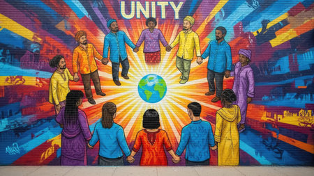 A vibrant mural depicts a diverse group of people holding hands around a globe. The artwork features bold colors, creating a sense of community and interconnectedness. Ideal for editorial or commercial projects focused on themes of diversity, collaboration, and global unity. The composition uses bright lighting, in an outdoor setting.の素材